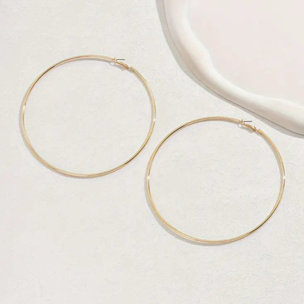 18K Gold Large Wire Hoop Womens Earrings Big Hoops Ladies Statement Jewelry 18 K - Picture 4 of 5